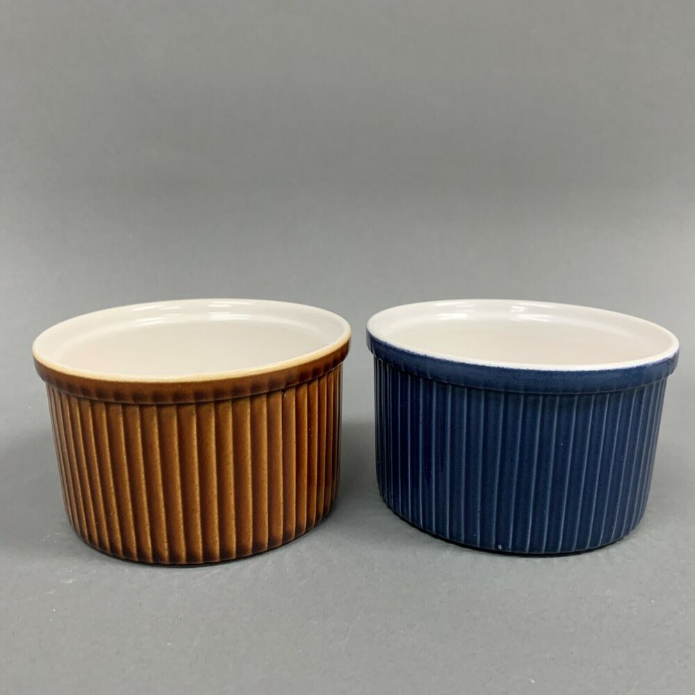2 Blue and Brown Individual Casserole Souffle Ribbed Bowls 4‎ 5/8 x 2 3/4 H